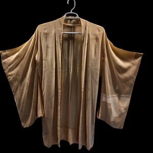 Vintage Japanese Haori Kimono Handmade Jacket Damask Yellow Midi Robe Cardigan
